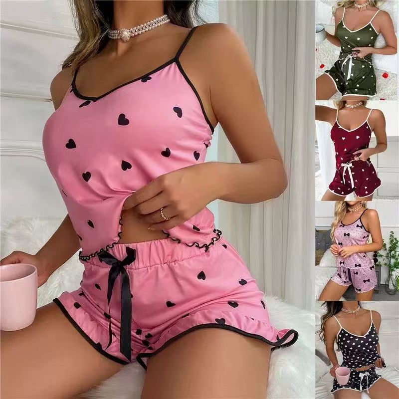 2Pcs/Set Women's Sexy Pajama Set  Large Size Nightwear Tank Top and Shorts Set Elastic  Heart Pattern Lady Homewear