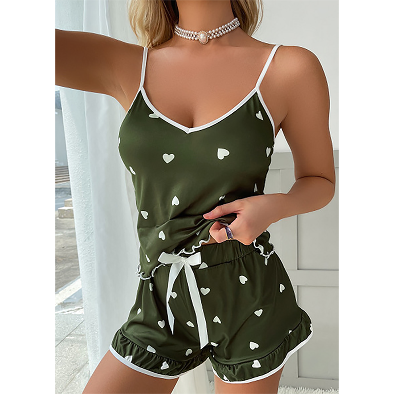 2Pcs/Set Women's Sexy Pajama Set  Large Size Nightwear Tank Top and Shorts Set Elastic  Heart Pattern Lady Homewear