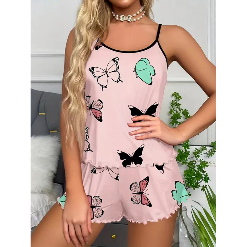 2Pcs/Set Women's Sexy Pajama Set  Large Size Nightwear Tank Top and Shorts Set Elastic Butterfly Pattern Lady Homewear