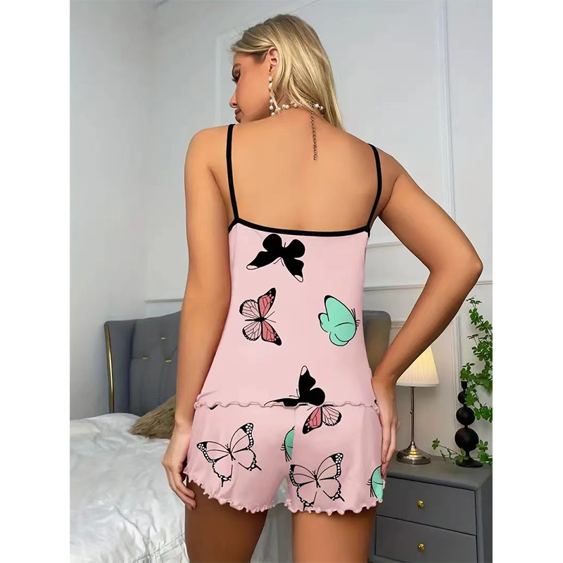 2Pcs/Set Women's Sexy Pajama Set  Large Size Nightwear Tank Top and Shorts Set Elastic Butterfly Pattern Lady Homewear