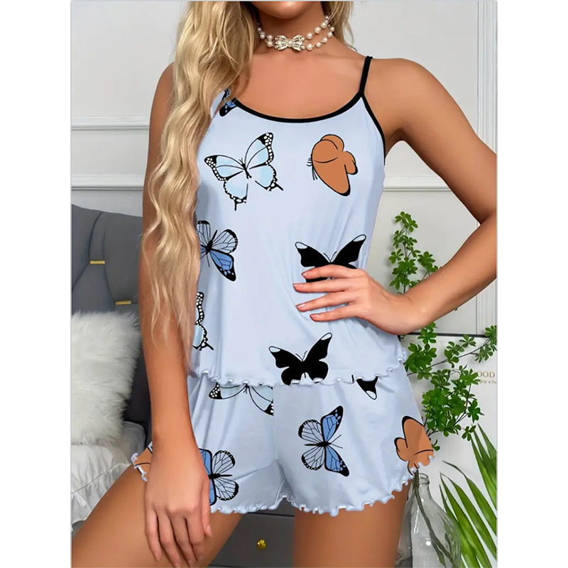 2Pcs/Set Women's Sexy Pajama Set  Large Size Nightwear Tank Top and Shorts Set Elastic Butterfly Pattern Lady Homewear