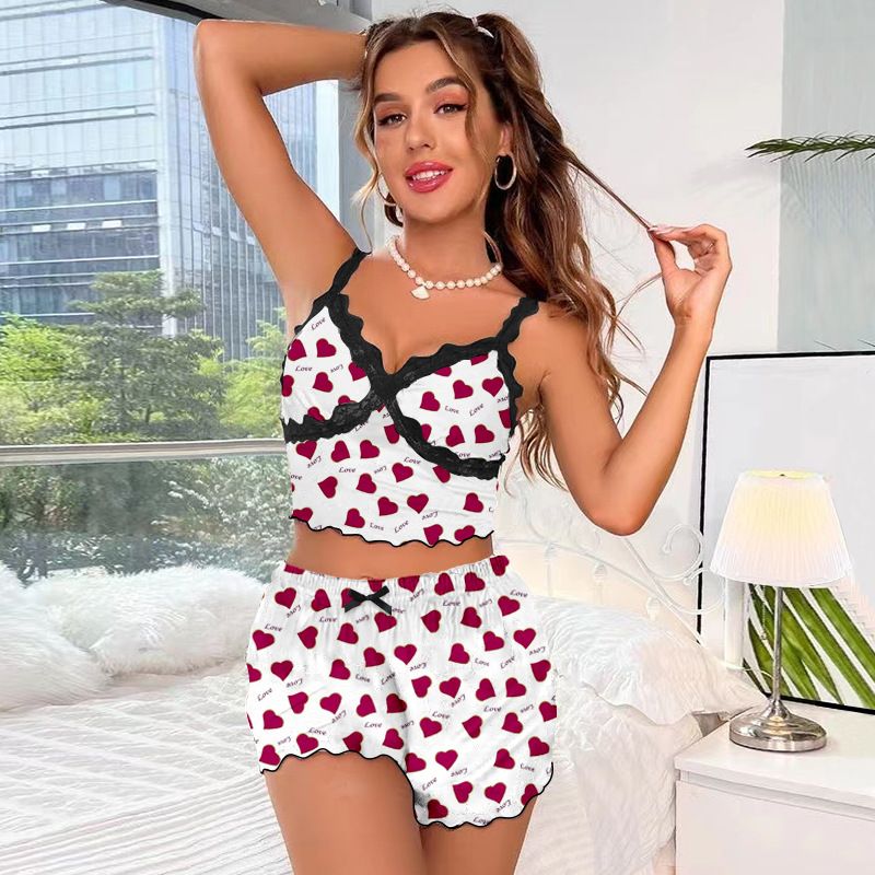 2Pcs/Set Women's Sexy Pajama Set  Large Size Nightwear Tank Top and Shorts Set Elastic Lace Lady Homewear