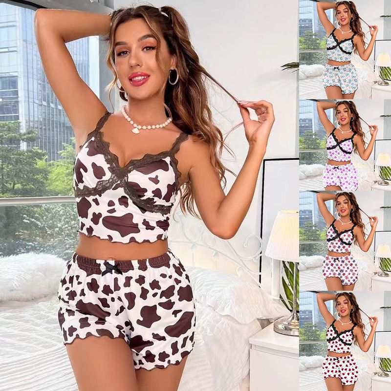 2Pcs/Set Women's Sexy Pajama Set  Large Size Nightwear Tank Top and Shorts Set Elastic Lace Lady Homewear