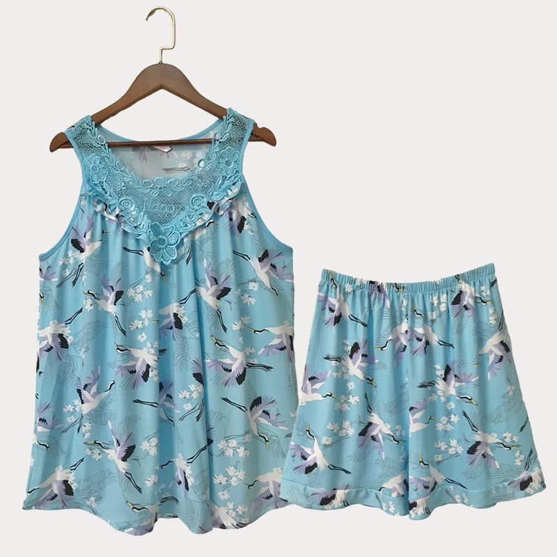 New Women's Pajama 2 Pcs/set Flower Printed Lace Set Big Size Sleeveless Vest and Shorts  Homewear Nighty