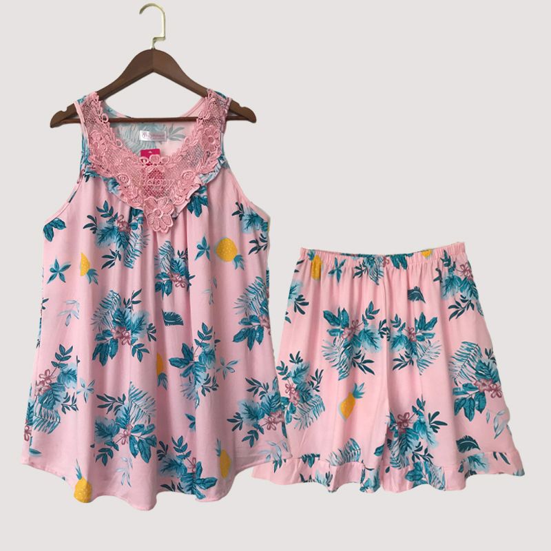 New Women's Pajama 2 Pcs/set Flower Printed Lace Set Big Size Sleeveless Vest and Shorts  Homewear Nighty