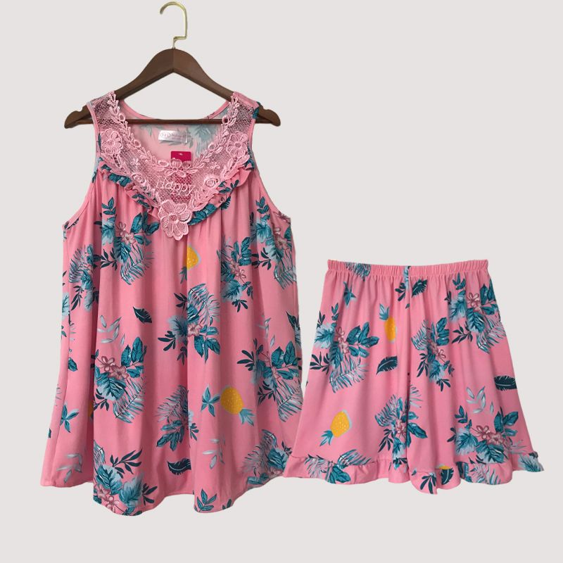 New Women's Pajama 2 Pcs/set Flower Printed Lace Set Big Size Sleeveless Vest and Shorts  Homewear Nighty