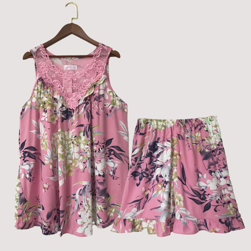 New Women's Pajama 2 Pcs/set Flower Printed Lace Set Big Size Sleeveless Vest and Shorts  Homewear Nighty