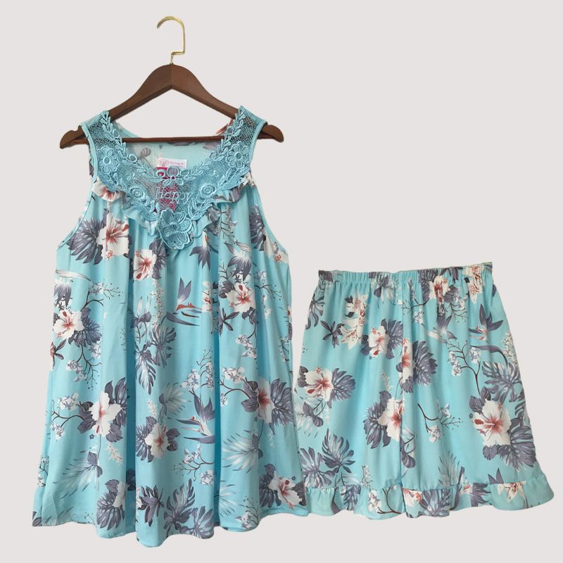 New Women's Pajama 2 Pcs/set Flower Printed Lace Set Big Size Sleeveless Vest and Shorts  Homewear Nighty
