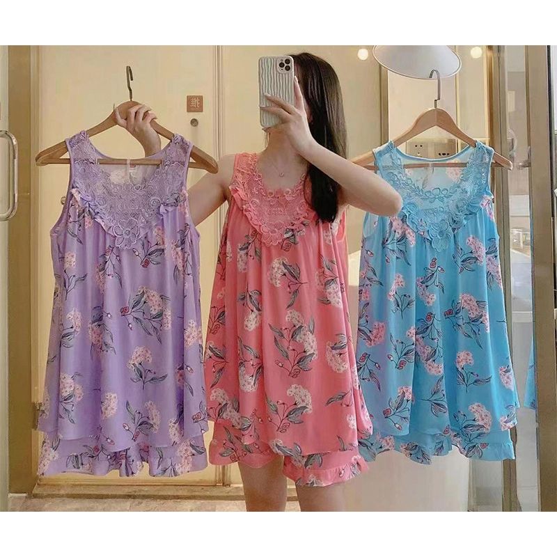 New Women's Pajama 2 Pcs/set Flower Printed Lace Set Big Size Sleeveless Vest and Shorts  Homewear Nighty