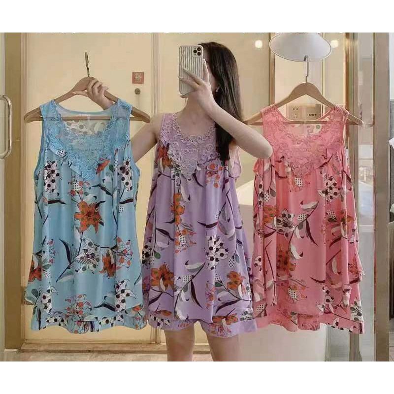 New Women's Pajama 2 Pcs/set Flower Printed Lace Set Big Size Sleeveless Vest and Shorts  Homewear Nighty