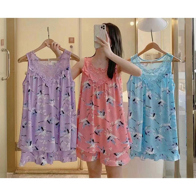 New Women's Pajama 2 Pcs/set Flower Printed Lace Set Big Size Sleeveless Vest and Shorts  Homewear Nighty
