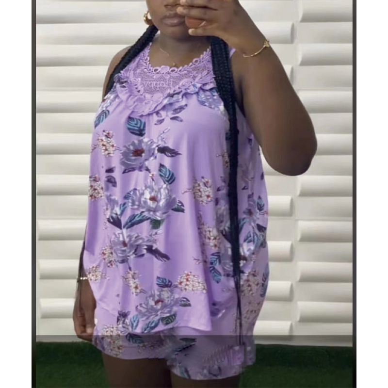 New Women's Pajama 2 Pcs/set Flower Printed Lace Set Big Size Sleeveless Vest and Shorts  Homewear Nighty