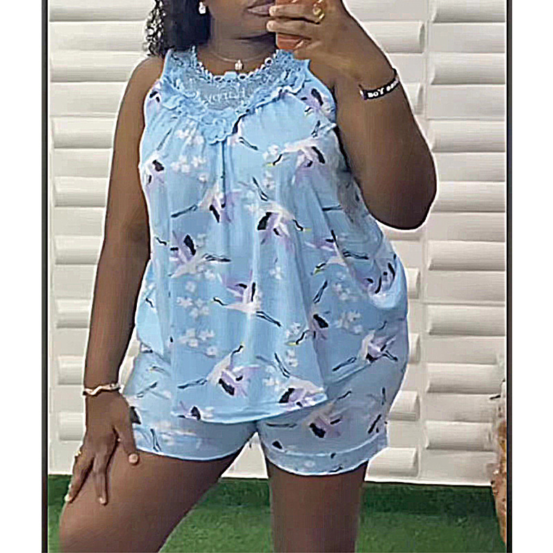 New Women's Pajama 2 Pcs/set Flower Printed Lace Set Big Size Sleeveless Vest and Shorts  Homewear Nighty