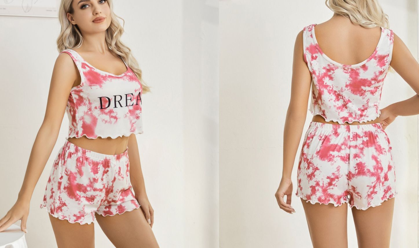 Summer Women's New Pink Tie-Dye Wide-Shoulder Suit Loose Sexy And Comfortable Loungewear