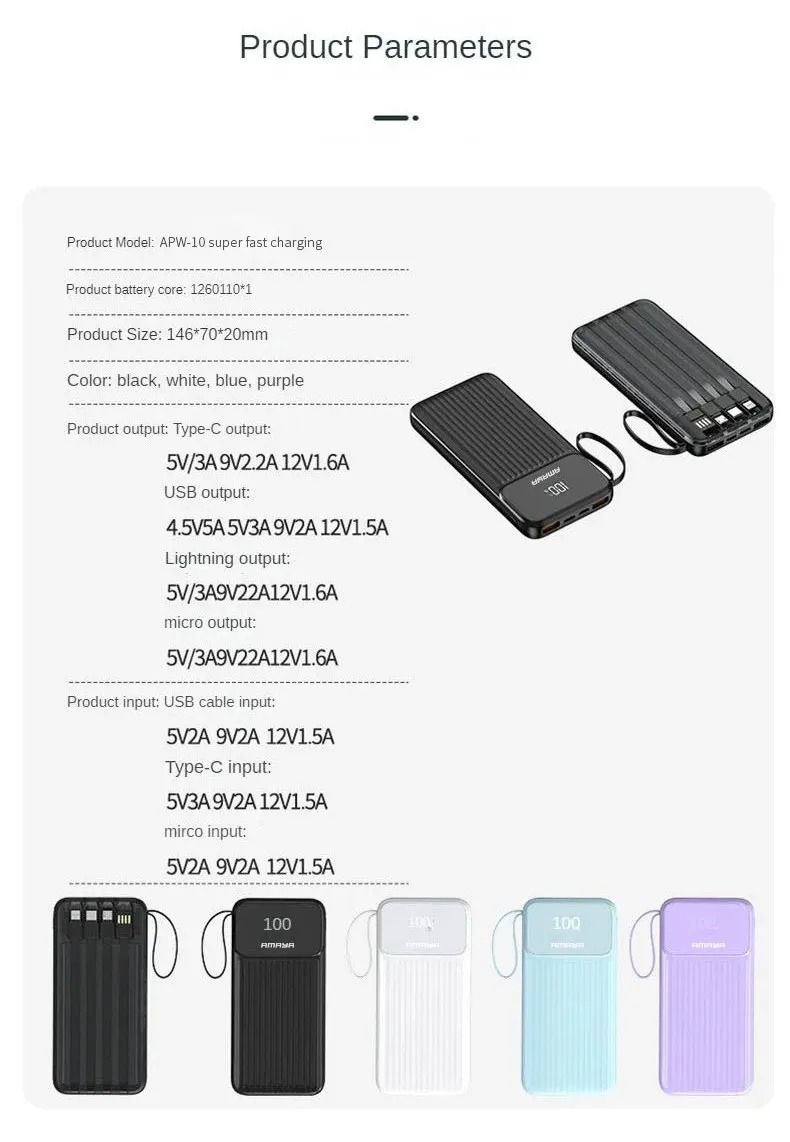Amaya power bank 10000mAh 22.5W super fast charging with 4 cables