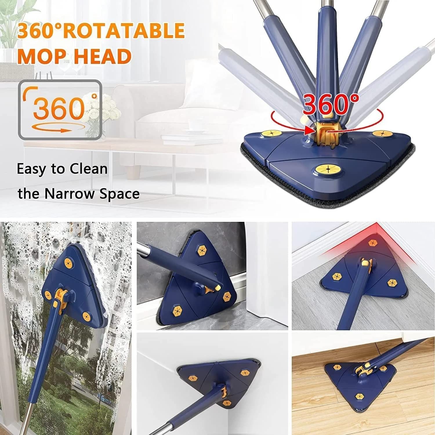 360° Rotatable Adjustable Triangle Cleaning Mop with Stainless Steel Long Handle Cleaning Mop Dry & Wet Mop Floor Windows Ceiling