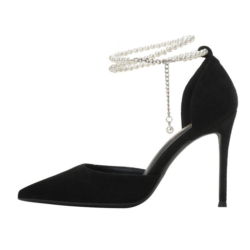 9cm LOCAL JASMINE Black Thin With Pointed Head Shallow Mouth Fashion Hot Selling Temperament Suede Pearls