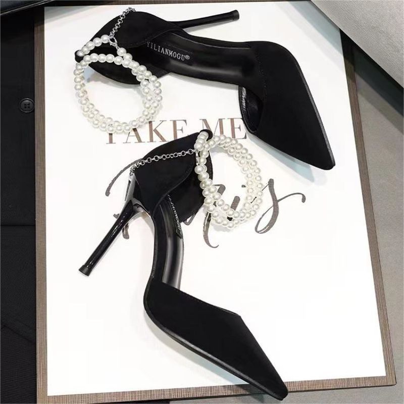 9cm LOCAL JASMINE Black Thin With Pointed Head Shallow Mouth Fashion Hot Selling Temperament Suede Pearls