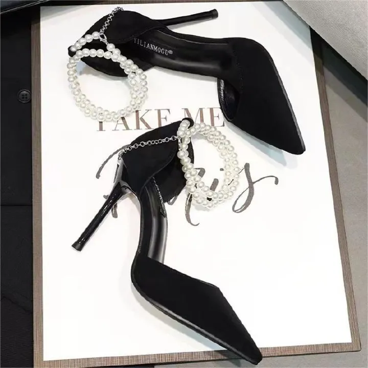 9cm LOCAL JASMINE Black Thin With Pointed Head Shallow Mouth Fashion Hot Selling Temperament Suede Pearls