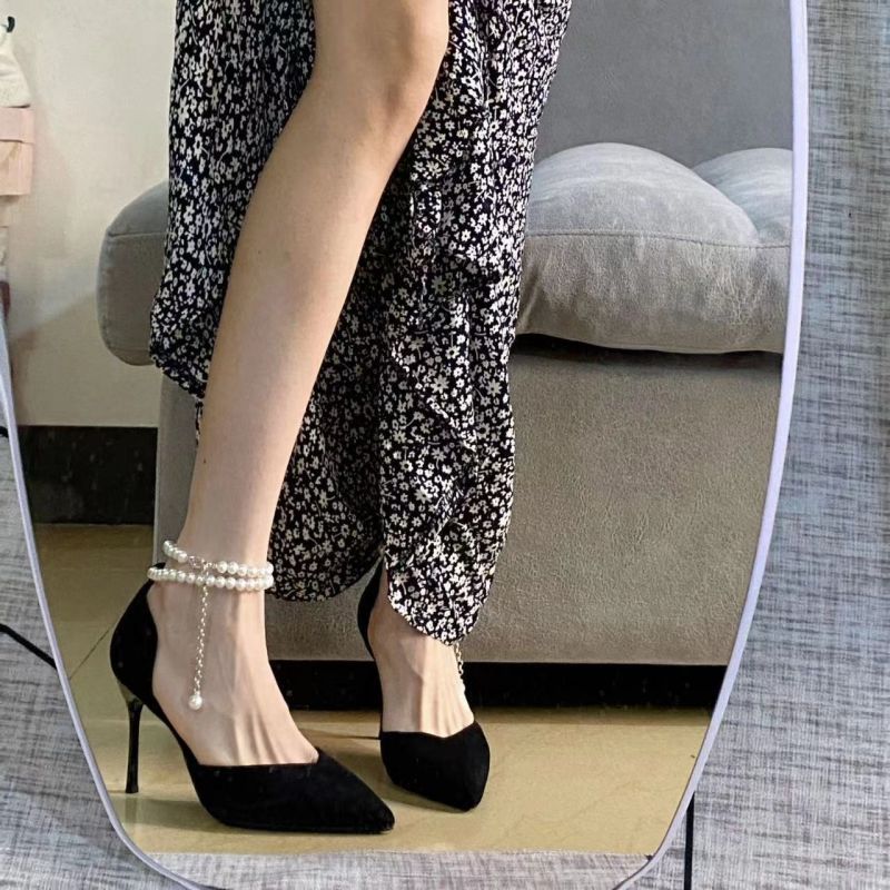 9cm LOCAL JASMINE Black Thin With Pointed Head Shallow Mouth Fashion Hot Selling Temperament Suede Pearls