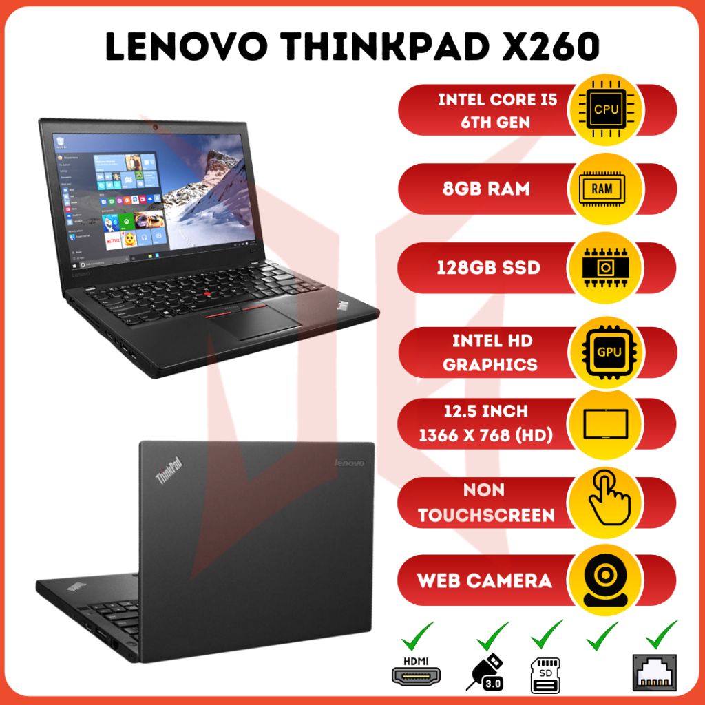 Lenovo Thinkpad X260 Laptop Intel Core i5 2.40 Ghz 8GB 128GB SSD 12.5" IPS Anti-clare FHD Windows 10 Intel graphics Webcam Bluetooth