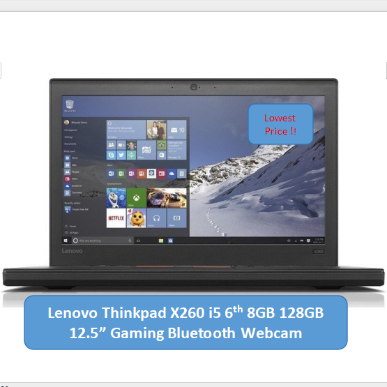 Lenovo Thinkpad X260 Laptop Intel Core i5 2.40 Ghz 8GB 128GB SSD 12.5" IPS Anti-clare FHD Windows 10 Intel graphics Webcam Bluetooth