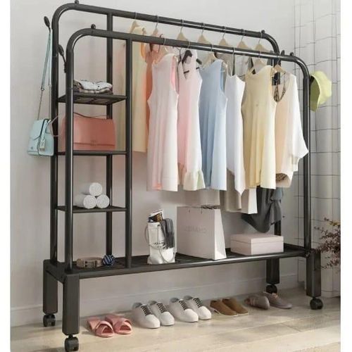 Double pole cloth rack with lower and side storage for shoe and boxes. Has with wheels