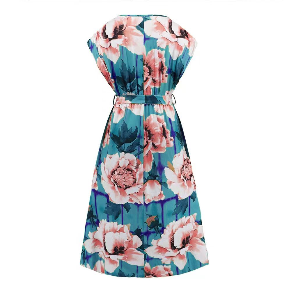 2025Women New Style Dresses Fashion Ladies Summer Dress Printed knee length bat sleeve belt dress for Commute &Vacation &Party LH326