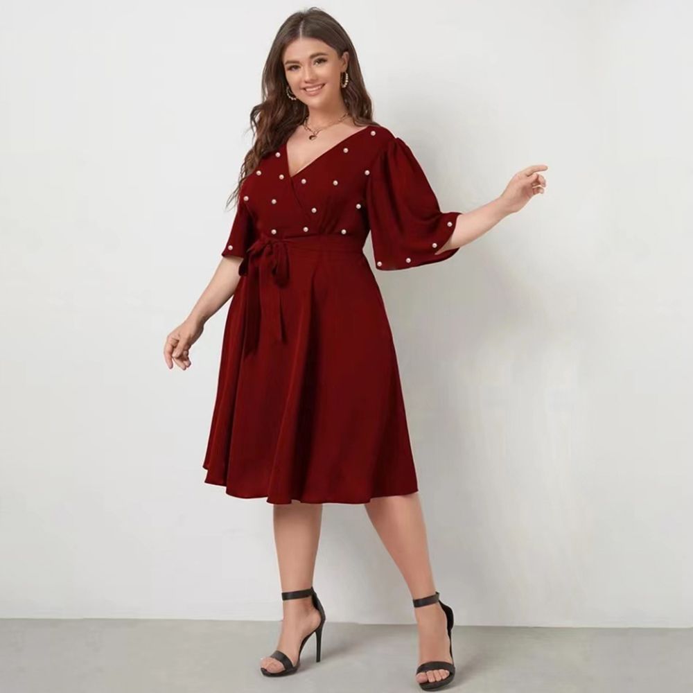 Women New Style Dresses High Quality  Elegant Office Work Knee-Length Dress V-neck Short flared sleeves,drilling nail beads  skir Fashion Ladies Summer Dress for Commute &Vacation LH313 XL,Wine Red