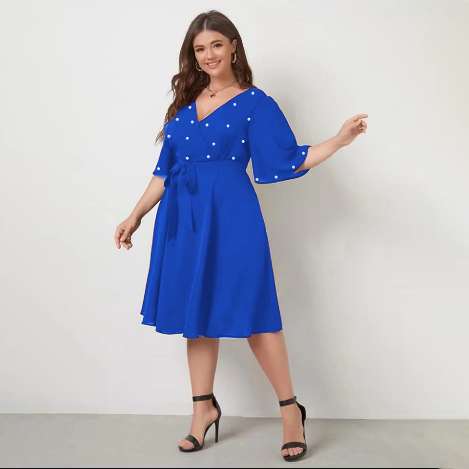 Women New Style Dresses High Quality  Elegant Office Work Knee-Length Dress V-neck Short flared sleeves,drilling nail beads  skir Fashion Ladies Summer Dress for Commute &Vacation LH313