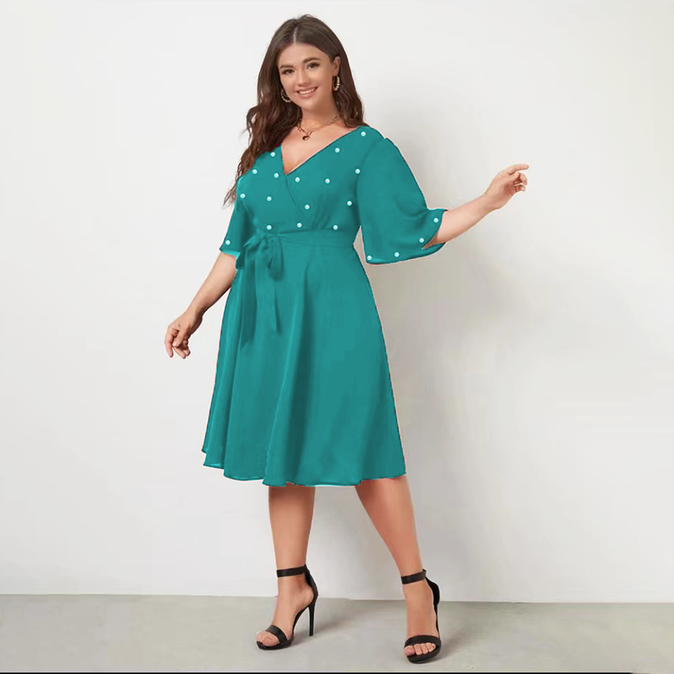 Women New Style Dresses High Quality  Elegant Office Work Knee-Length Dress V-neck Short flared sleeves,drilling nail beads  skir Fashion Ladies Summer Dress for Commute &Vacation LH313