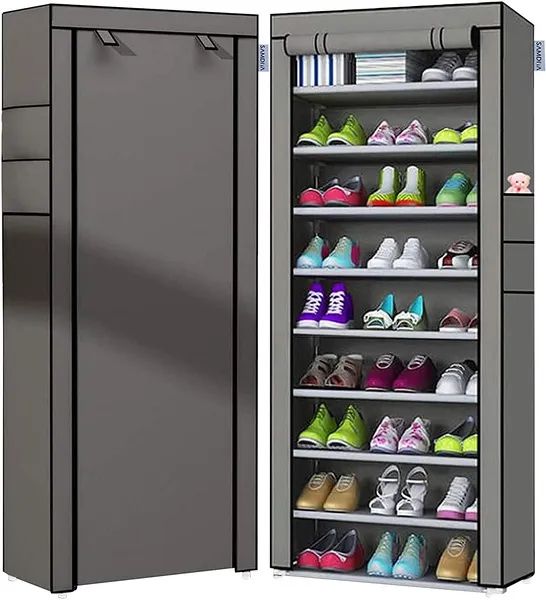 9 Tier Shoe Rack with Dustproof Cover Shoe Shelf Storage Organizer Shoe Rack Organizer 9 Tier Vertical Storage Stand Narrow Shelf for Small Spaces Entryway Corner Closet Door Bedroom