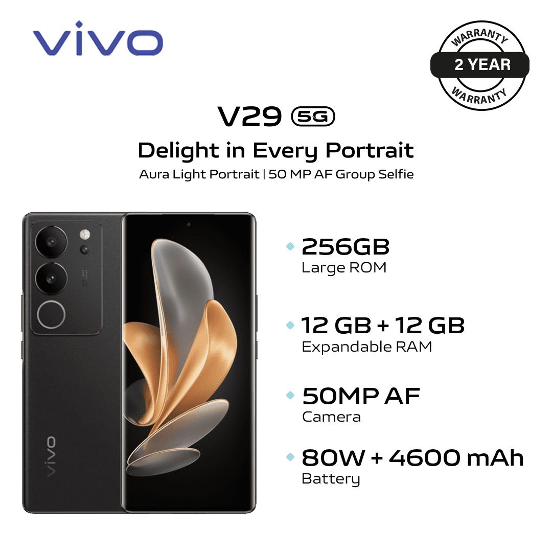 New Year Promotion Brand New Smart Phone Vivo V29 5G Diamond Black 64MP Camera, 8GB + 8GB Extended RAM,256GB ROM,4500mAh