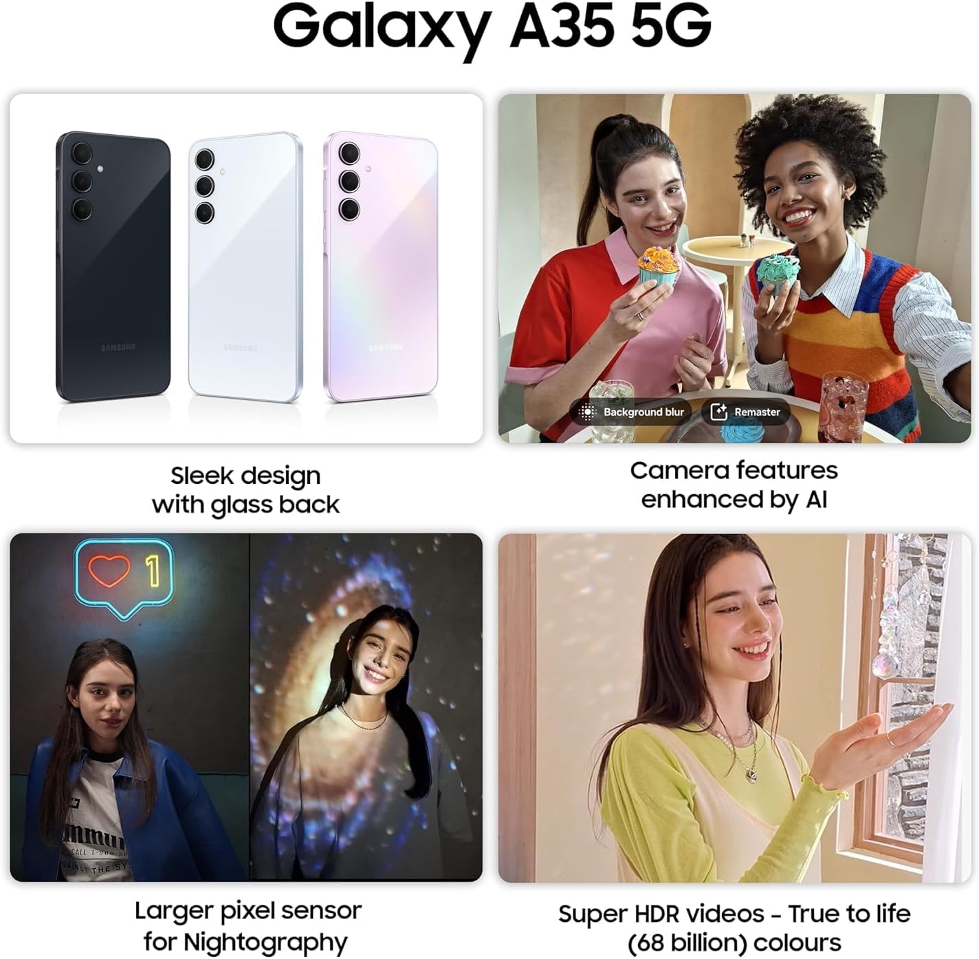 New Arrival Samsung Galaxy A35 5G 256GB+8GB 120Hz 6.6" AMOLED 50MP Triple Camera Android 14 5000mAh 25W Type-C Smart Phones Fingerprint Unlock