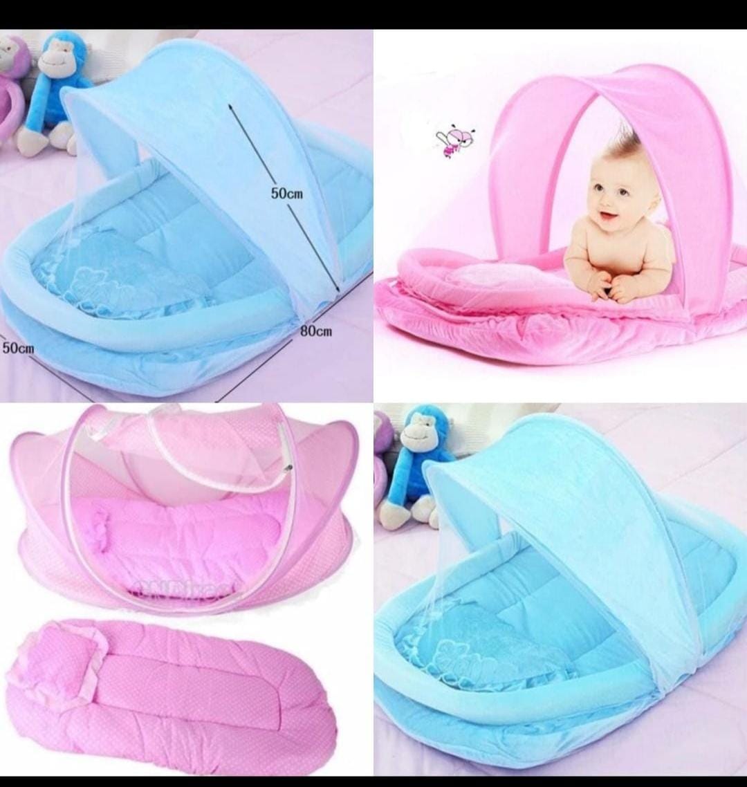 Portable New born foldable baby mosquito net with foldable crib bed with Pillow BLUE