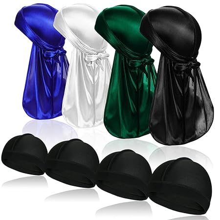 4 PCS Set of QUALITY GUARANTEED - Silky Durags + 4 Wave Caps , Silk Durag for Men Women Waves, Silk Durag Pack, Silky Satin Durag for 360 Waves with 4