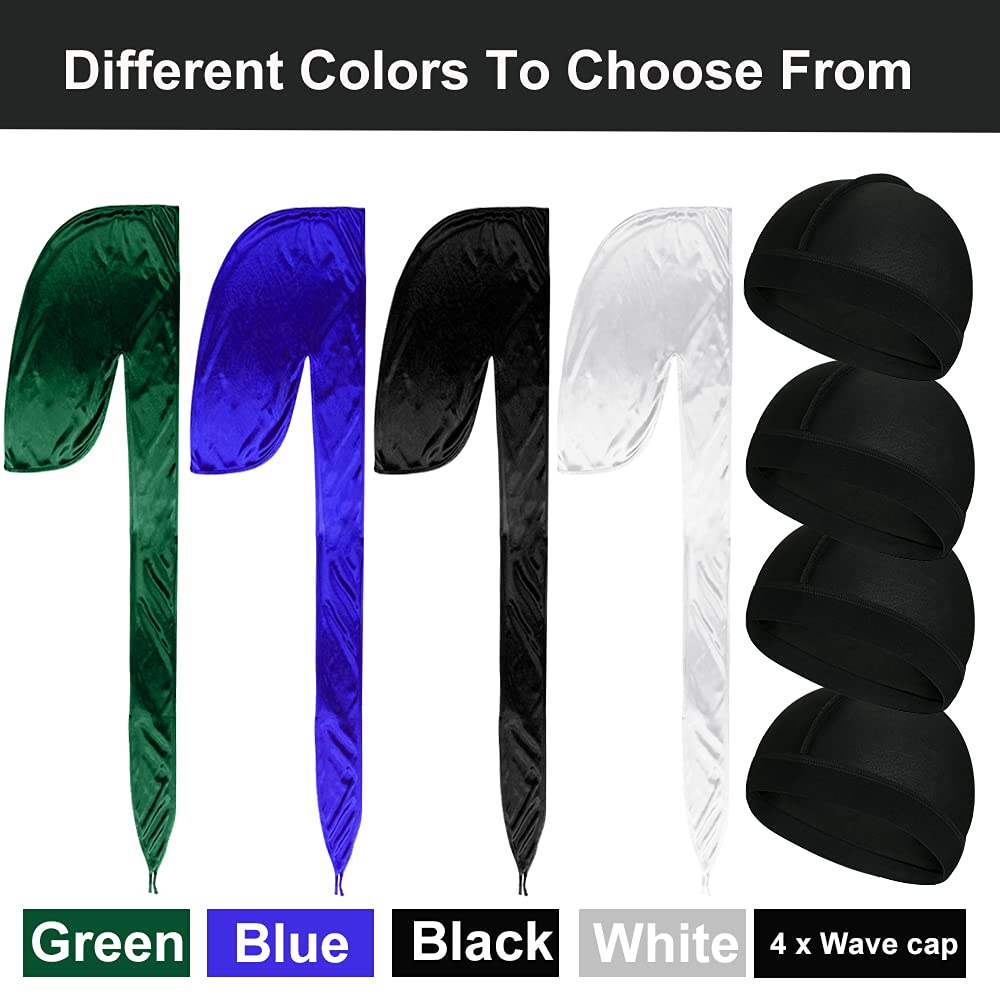 4 PCS Set of QUALITY GUARANTEED - Silky Durags + 4 Wave Caps , Silk Durag for Men Women Waves, Silk Durag Pack, Silky Satin Durag for 360 Waves with 4