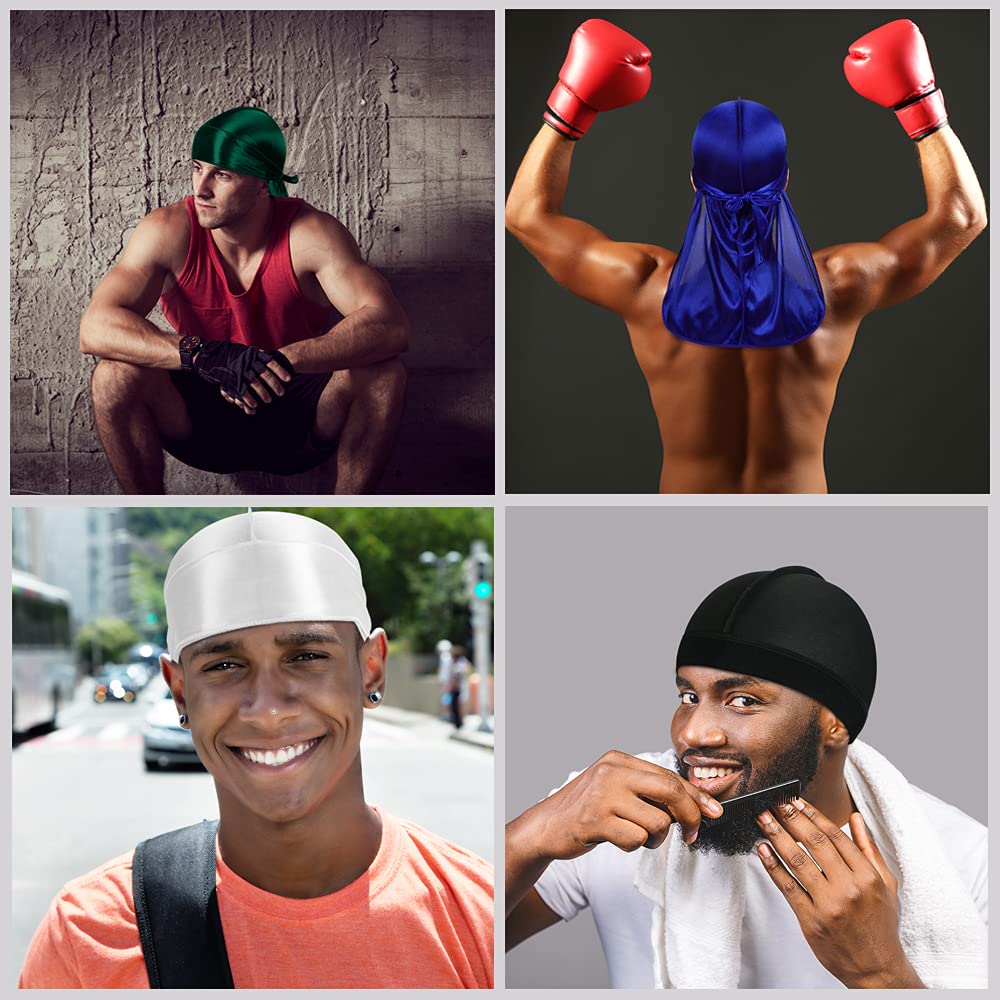 4 PCS Set of QUALITY GUARANTEED - Silky Durags + 4 Wave Caps , Silk Durag for Men Women Waves, Silk Durag Pack, Silky Satin Durag for 360 Waves with 4
