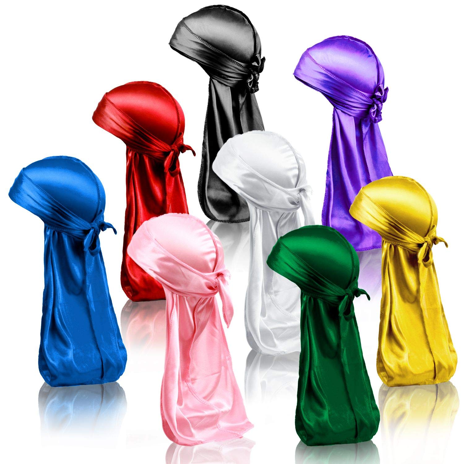 8 Pcs Set of Silky Durags, Silk Durag for Men Women, Satin Doo Rag for 360 Waves, Durags Pack with Extra Long Tail and Wide Straps
