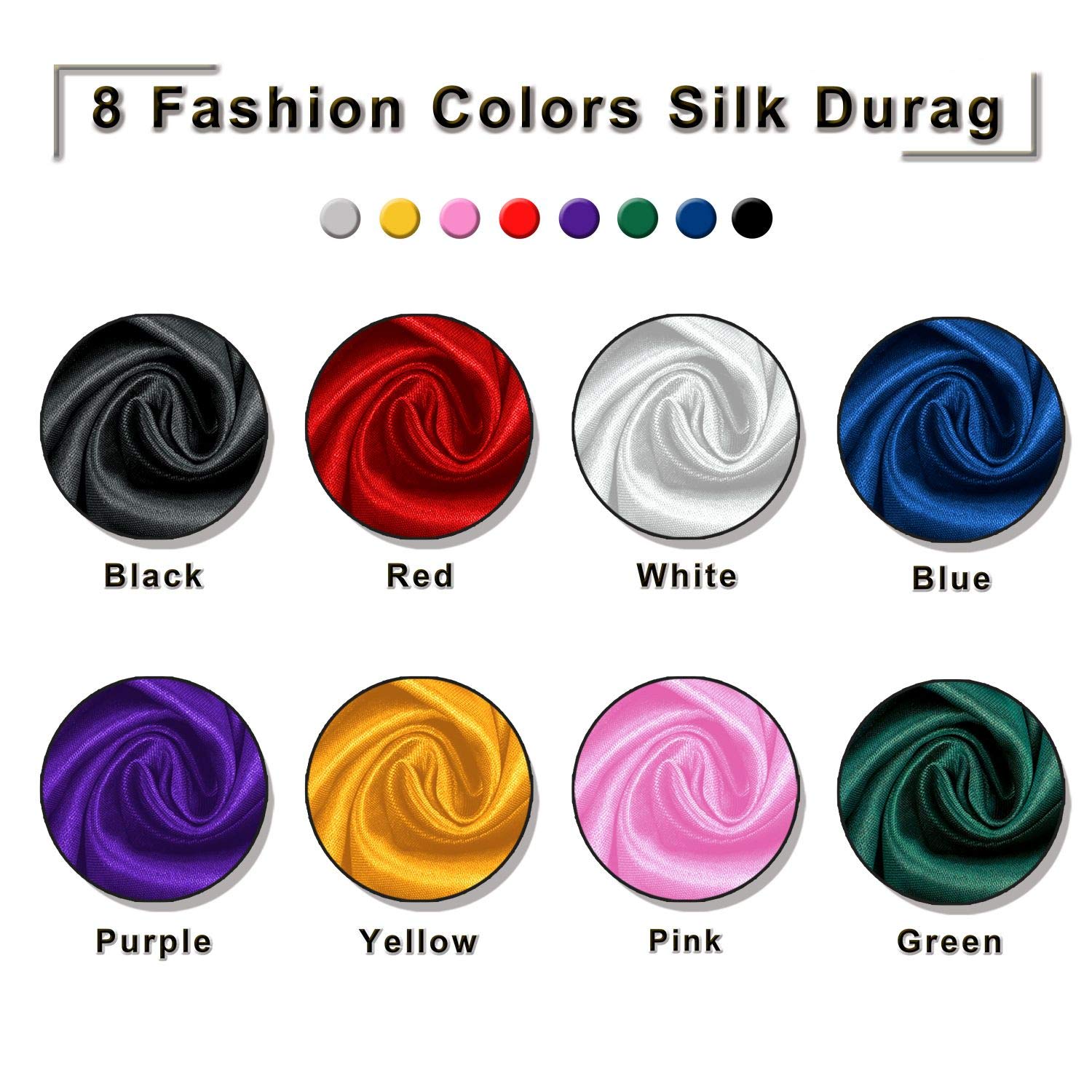 8 Pcs Set of Silky Durags, Silk Durag for Men Women, Satin Doo Rag for 360 Waves, Durags Pack with Extra Long Tail and Wide Straps