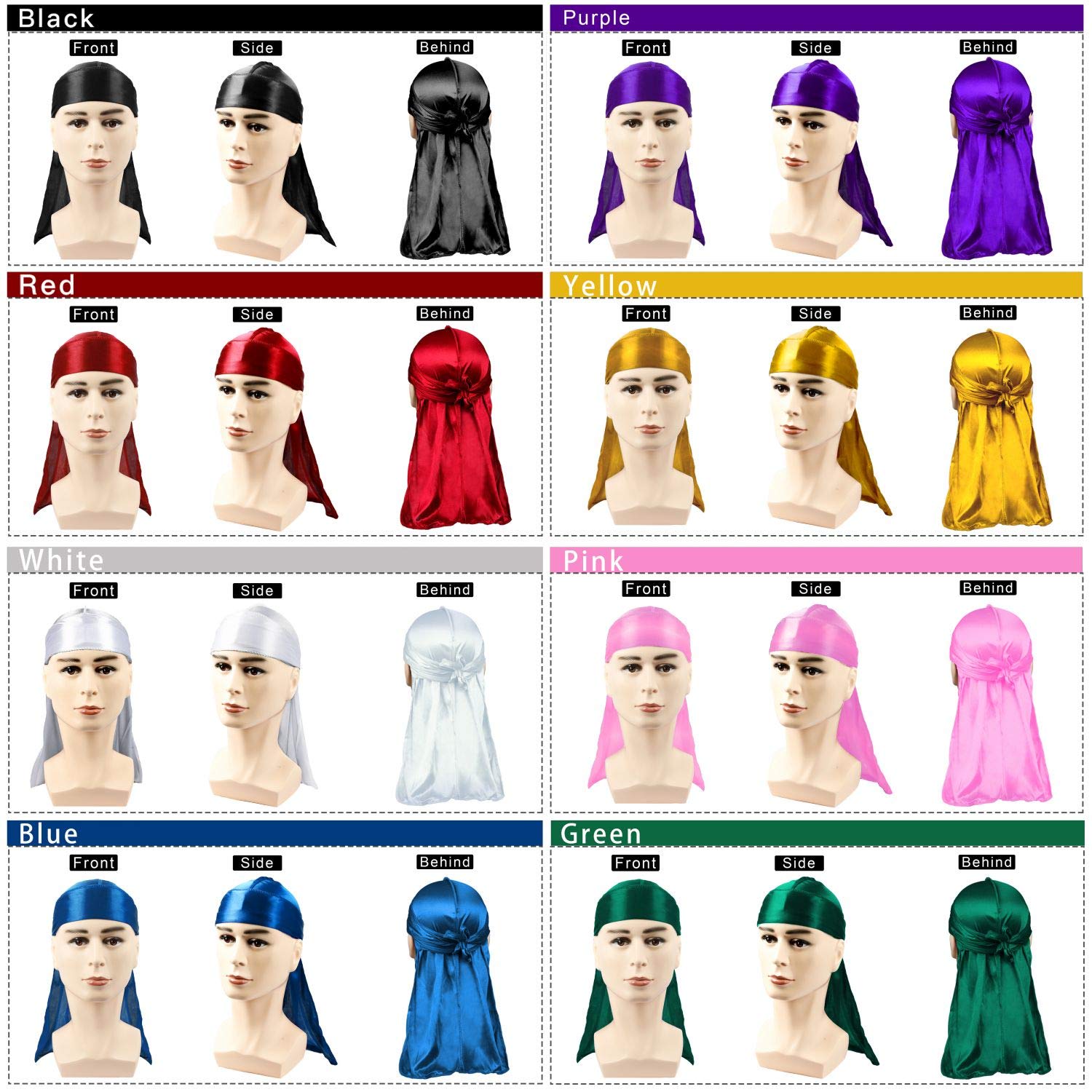 8 Pcs Set of Silky Durags, Silk Durag for Men Women, Satin Doo Rag for 360 Waves, Durags Pack with Extra Long Tail and Wide Straps