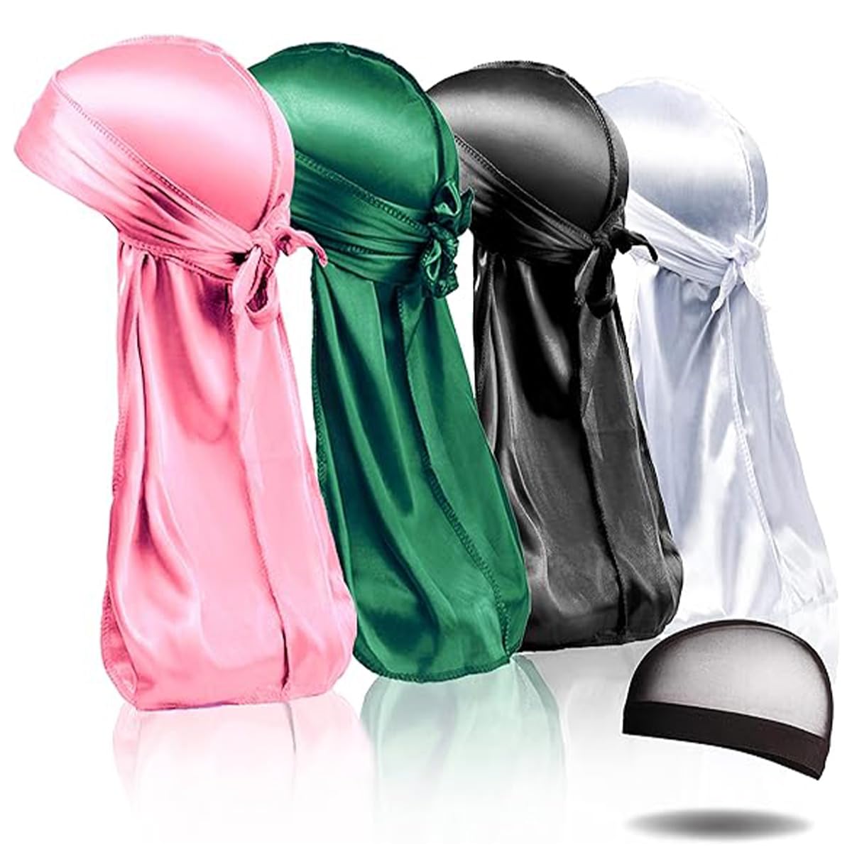 4PCS Silky Durags + wAVE CAP, Silk Durag for Men Women Waves, Silk Durag Pack with 1 Wave Cap, Silky Satin Durag Extra Long Tails