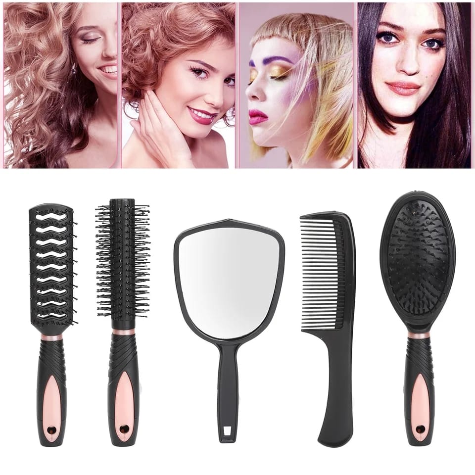 New arrival 5pcs Hair Comb Set Professional Salon Cutting Brushes Sets Comb Hair Brush Styling Tools Mirror And Holder Stand Set