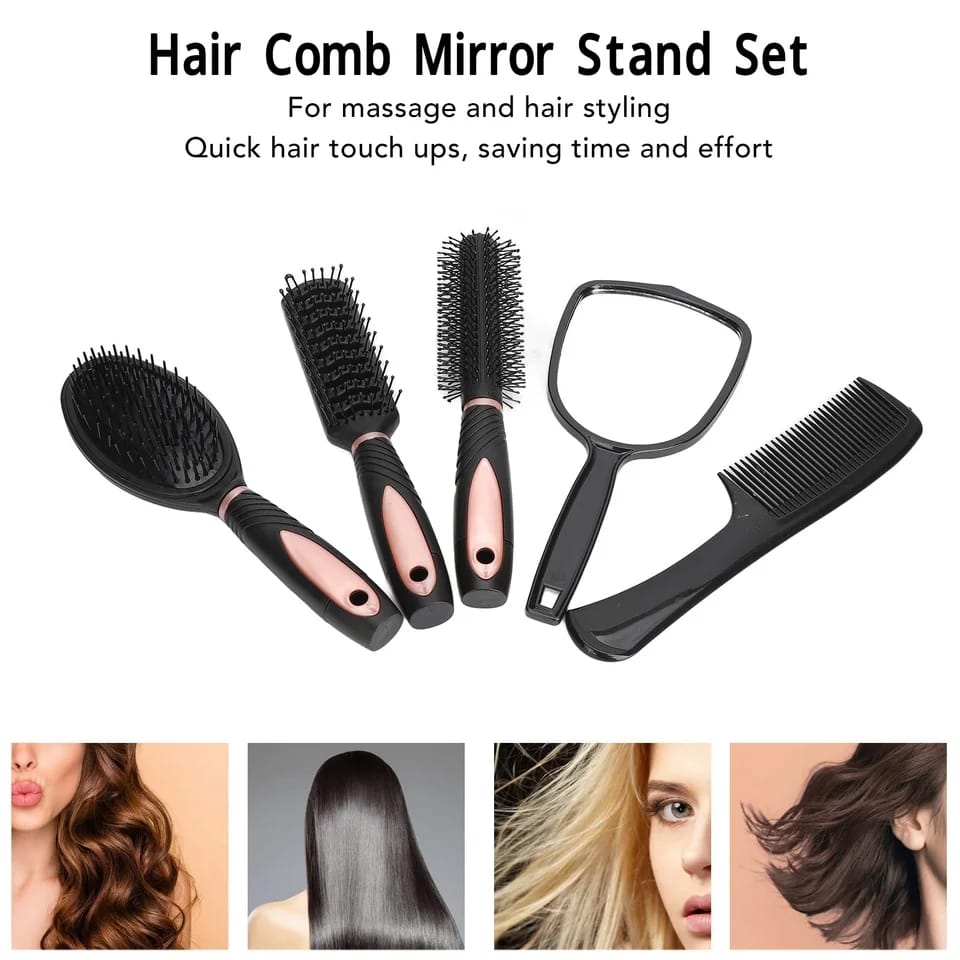 New arrival 5pcs Hair Comb Set Professional Salon Cutting Brushes Sets Comb Hair Brush Styling Tools Mirror And Holder Stand Set