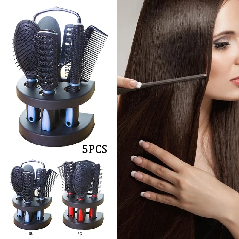 New arrival 5pcs Hair Comb Set Professional Salon Cutting Brushes Sets Comb Hair Brush Styling Tools Mirror And Holder Stand Set