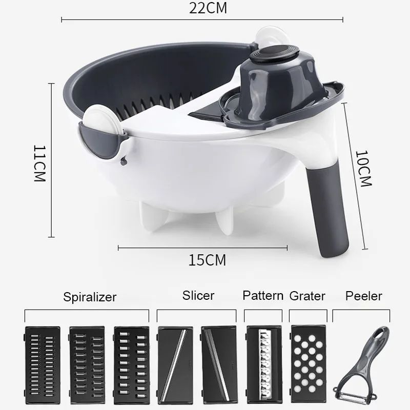 (Easter Sale) 9 in 1 Multifunction Magic Rotate Vegetable Cutter, shredder, chopper with Drain Basket, New Veggie Slicer Grater Shredder, Food Strainer Colander