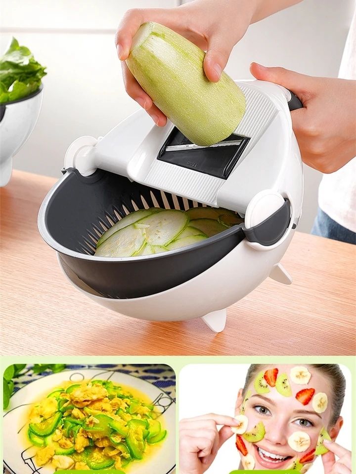 (Easter Sale) 9 in 1 Multifunction Magic Rotate Vegetable Cutter, shredder, chopper with Drain Basket, New Veggie Slicer Grater Shredder, Food Strainer Colander
