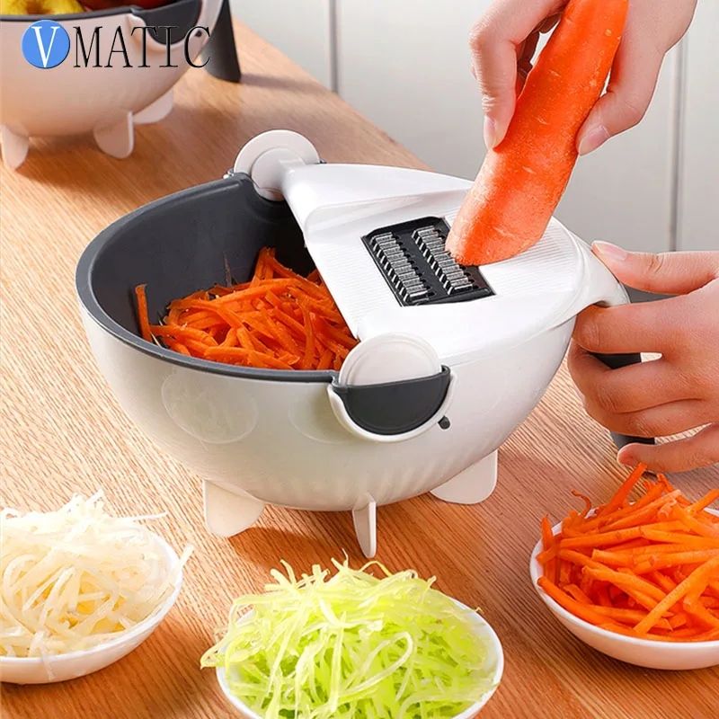 (Easter Sale) 9 in 1 Multifunction Magic Rotate Vegetable Cutter, shredder, chopper with Drain Basket, New Veggie Slicer Grater Shredder, Food Strainer Colander