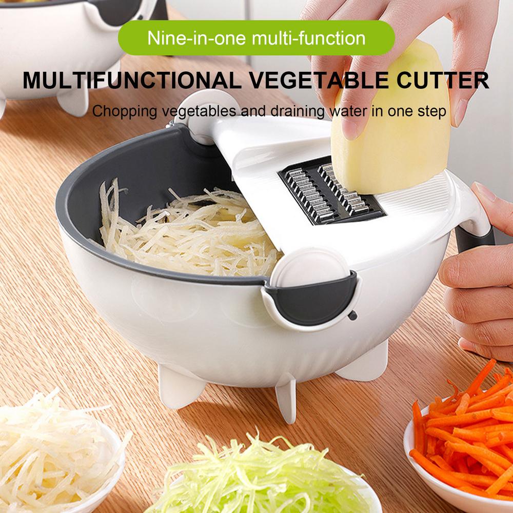 (Easter Sale) 9 in 1 Multifunction Magic Rotate Vegetable Cutter, shredder, chopper with Drain Basket, New Veggie Slicer Grater Shredder, Food Strainer Colander