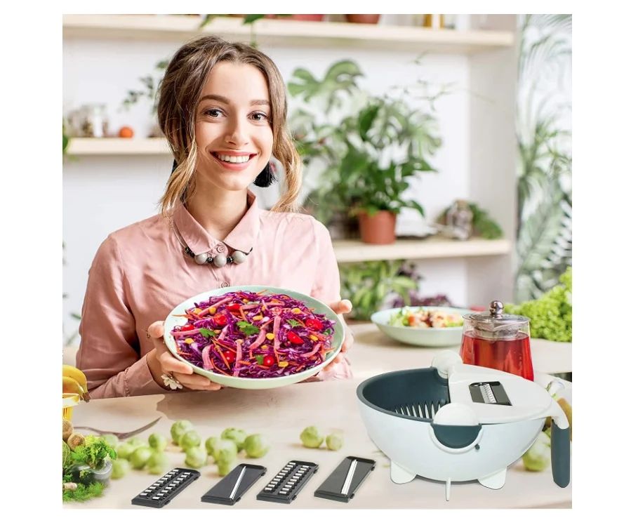 (Easter Sale) 9 in 1 Multifunction Magic Rotate Vegetable Cutter, shredder, chopper with Drain Basket, New Veggie Slicer Grater Shredder, Food Strainer Colander